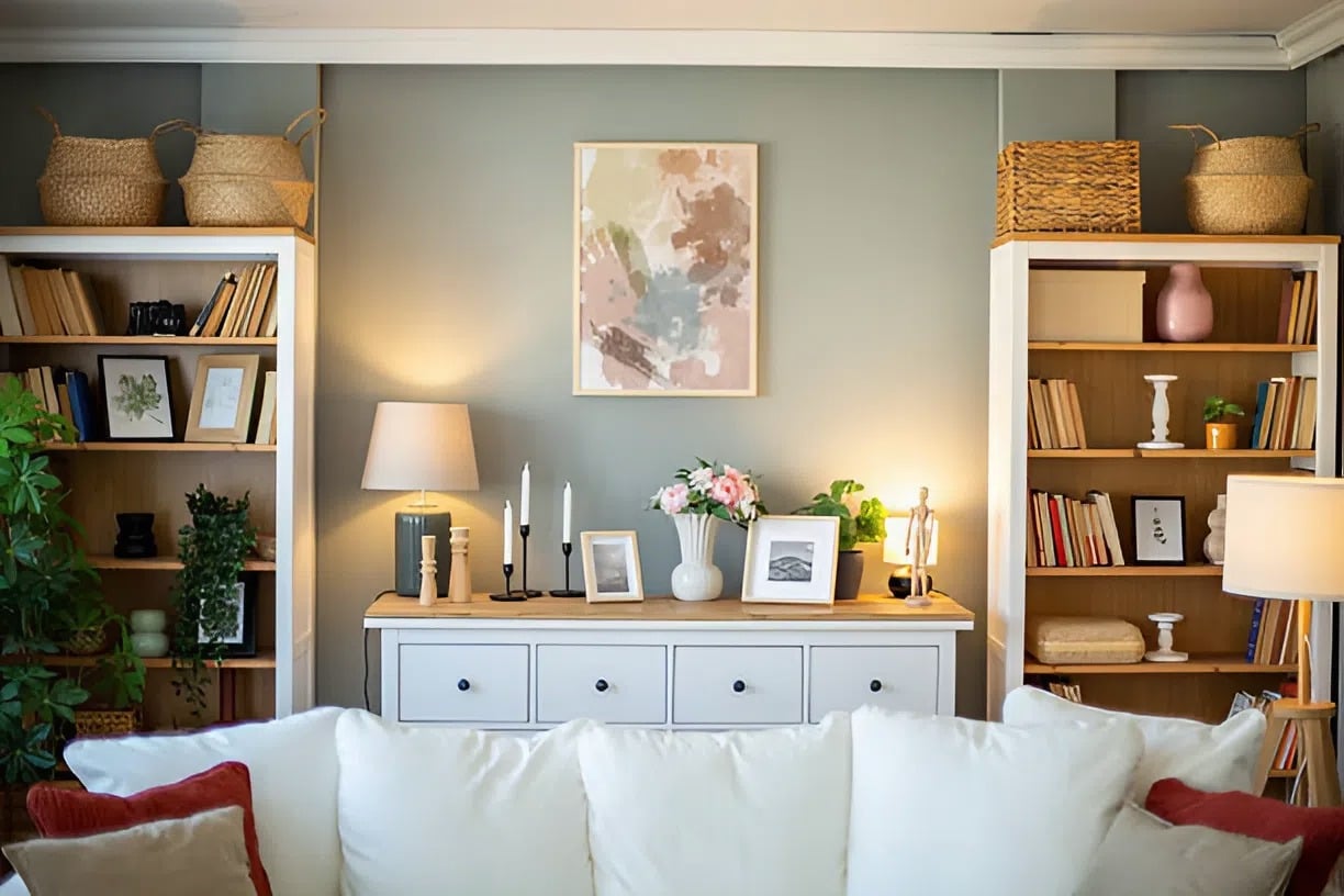 Soft sage green living room walls showcasing clean trim lines and smooth finish by a house painter in Columbus, OH