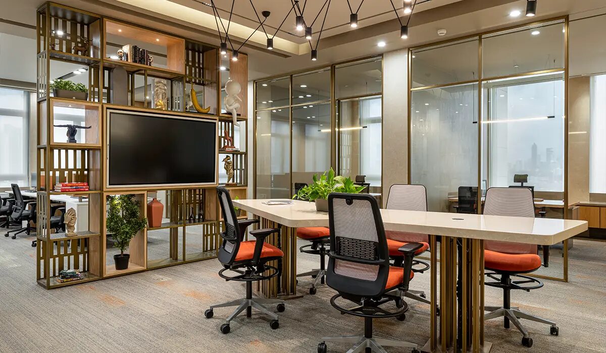Office interior with warm beige walls, wood, and metal accents by an interior painter in Upper Arlington, OH.