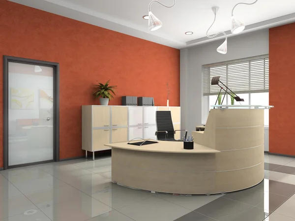 Office reception area with warm terracotta walls and satin paint finishes by a painting company in Gahanna, OH.